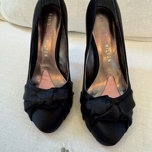 Paris Hilton Black Satin Knotted Peep-Toe Pumps